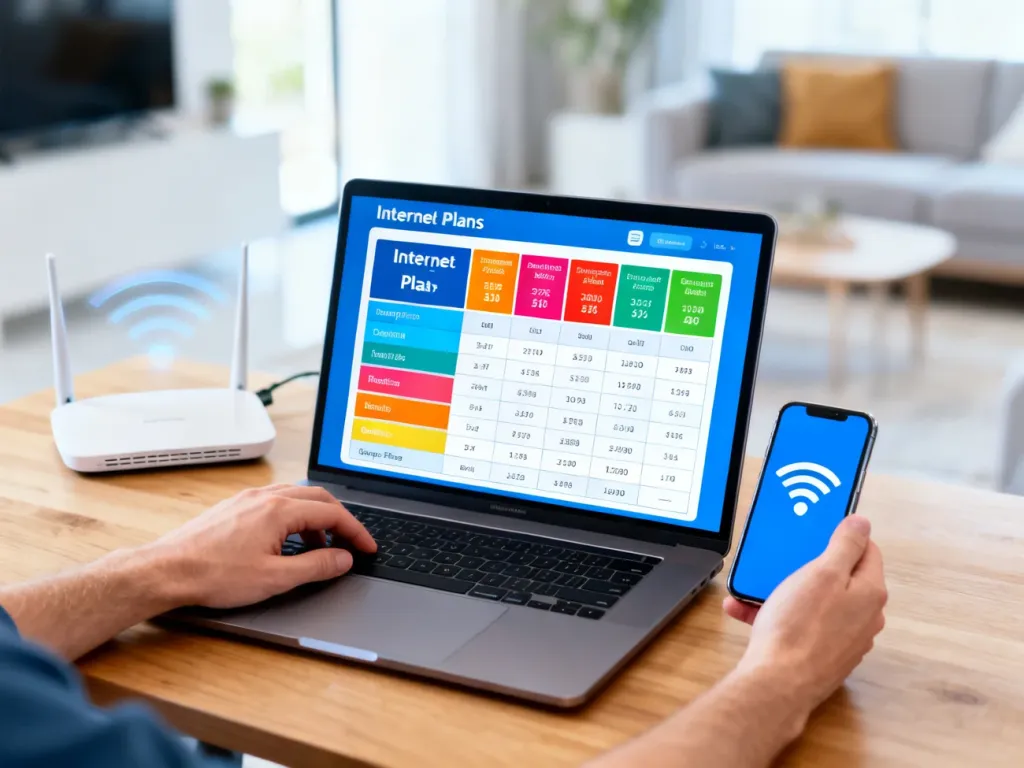Osoba porównuje na laptopie i smartfonie oferty internetu, w tle router Wi‑Fi w nowoczesnym, przytulnym salonie.