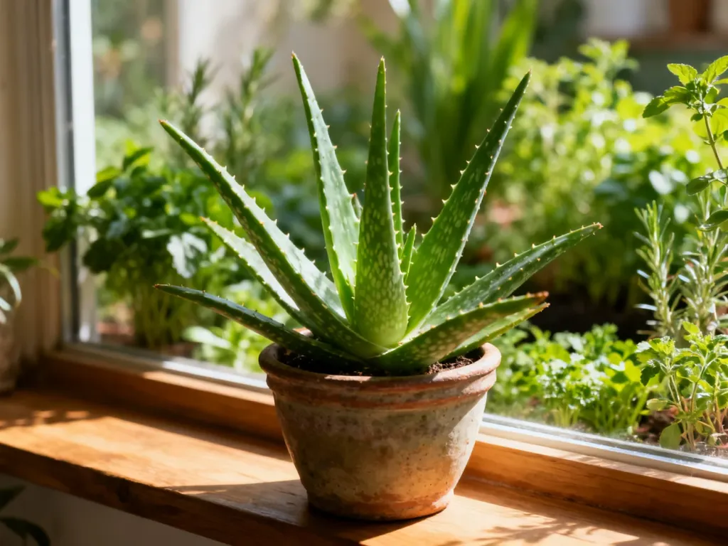 Aloes w ceramicznej doniczce na słonecznym parapecie, otoczony innymi roślinami leczniczymi w domowym ogrodzie.