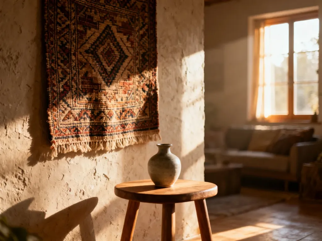 Ozdobny dywan ścienny w stylu vintage zawieszony na tynkowanej ścianie, tworzący przytulny klimat w salonie.