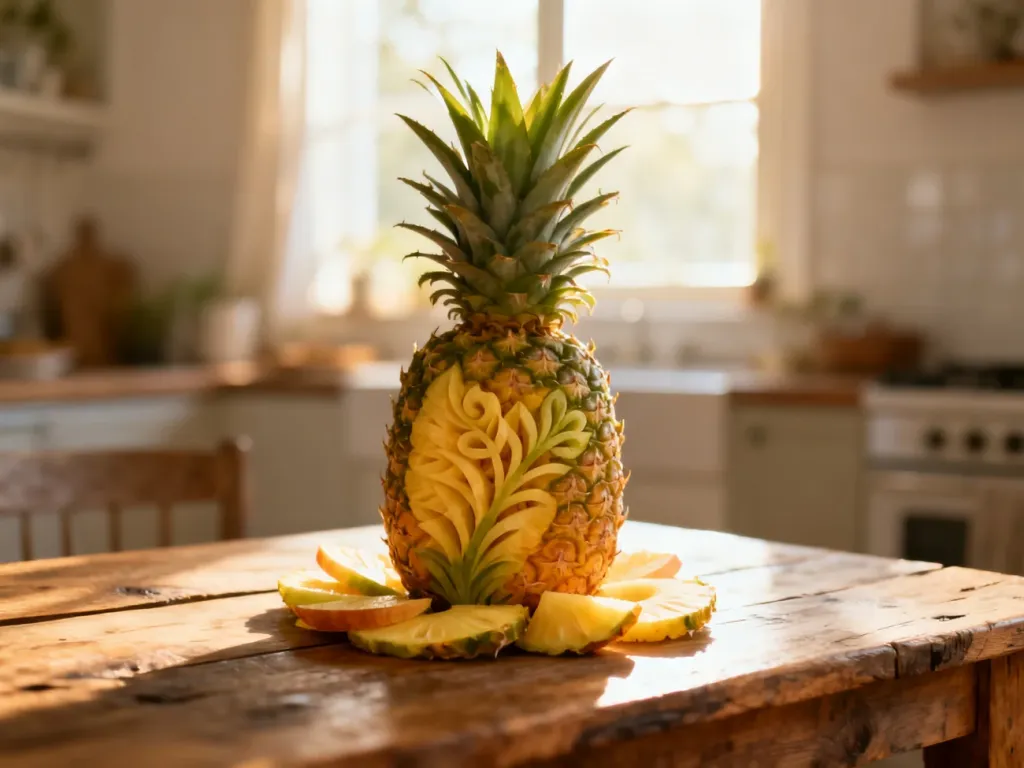 Artystycznie wyrzeźbiony ananas na drewnianym stole, stanowiący elegancką dekorację w słonecznej kuchni.