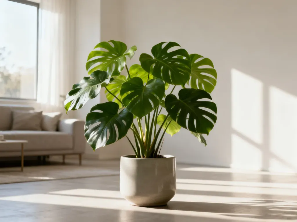 Duża monstera w ceramicznej donicy w jasnym, nowoczesnym salonie, podkreślająca minimalistyczny wystrój wnętrza.