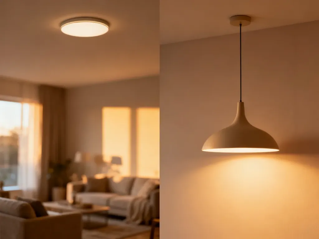Porównanie nowoczesnej lampy wiszącej oraz minimalistycznego plafonu w przytulnym wnętrzu salonu.