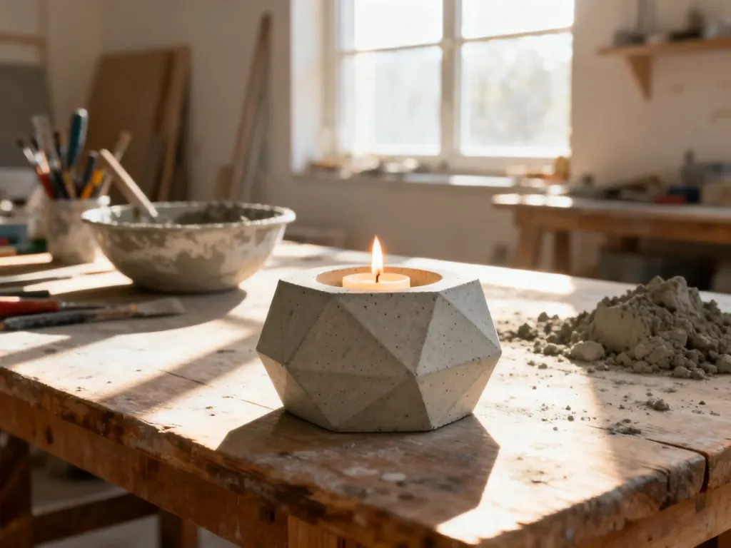 Minimalistyczny, geometryczny świecznik z cementu z zapaloną świeczką na drewnianym stole w pracowni DIY.