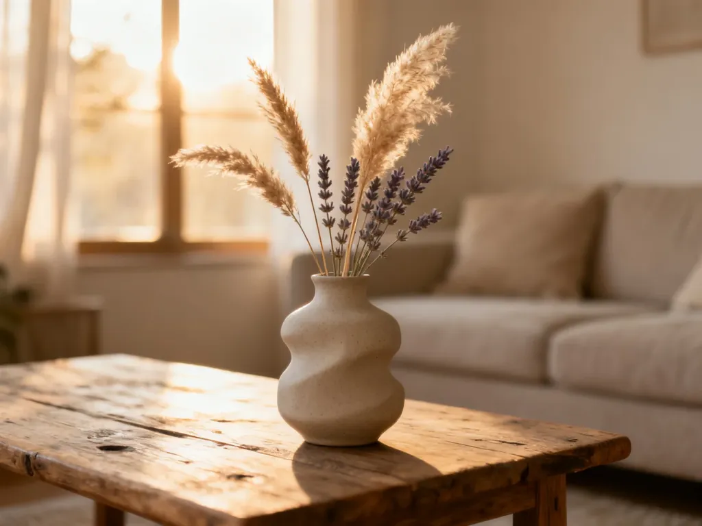 Minimalistyczny ceramiczny wazon z suszonymi trawami pampasowymi i lawendą na drewnianym stole w przytulnym salonie.