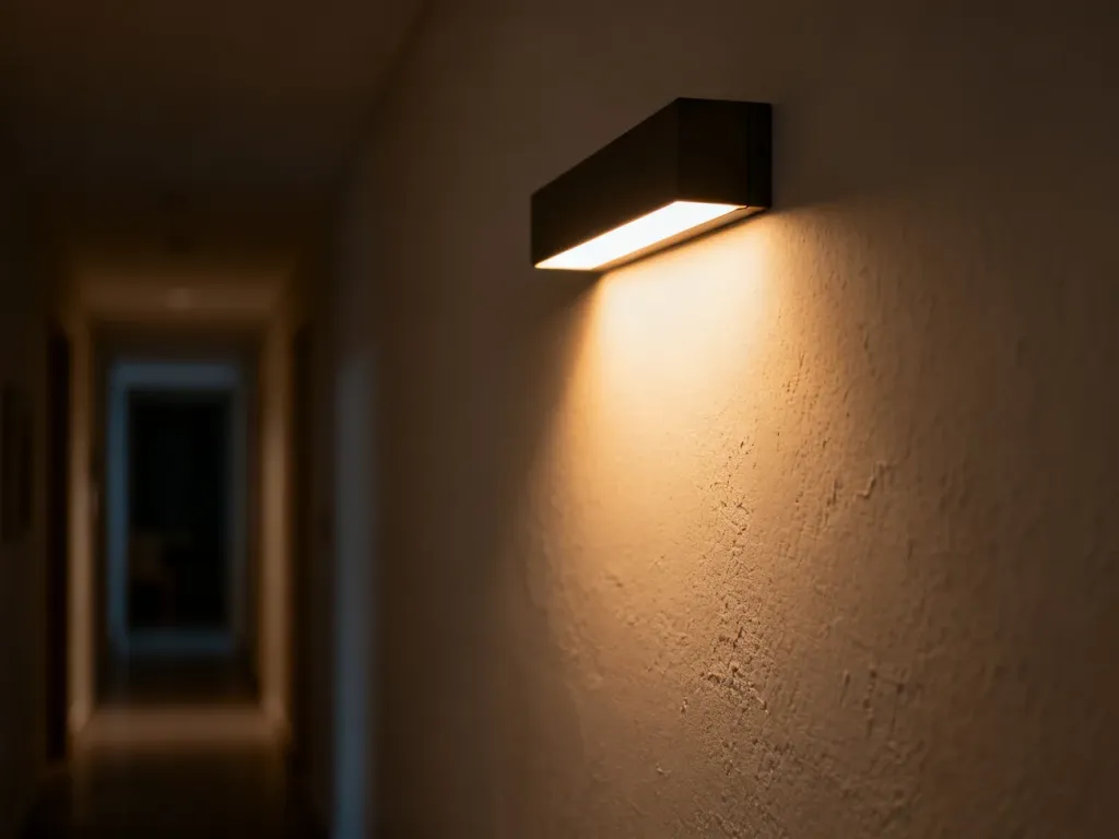Nowoczesne oświetlenie ścienne LED emitujące delikatne, ciepłe światło wzdłuż korytarza w nocy.