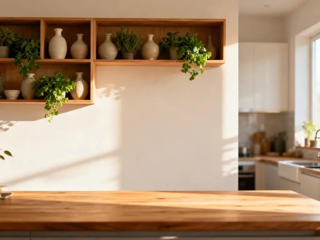 Minimalistyczne drewniane półki z ceramiką i ziołami na pustej ścianie w słonecznej kuchni.
