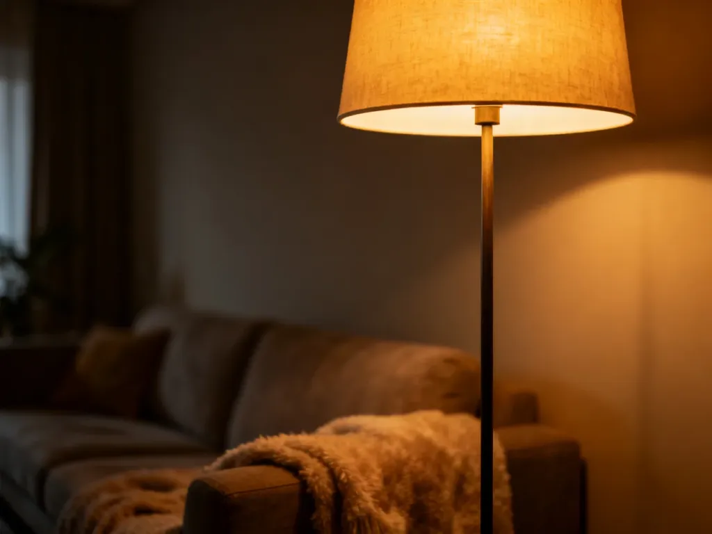 Przytulny salon z ciepłym oświetleniem lampy podłogowej, tworzącym relaksującą i nastrojową atmosferę.