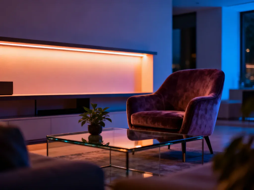 Nowoczesny salon z subtelnym oświetleniem LED ukrytym za półką, tworzącym przytulny, wieczorny klimat w minimalistycznym stylu.