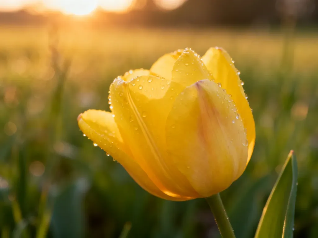 Zbliżenie na żółtego tulipana z kroplami rosy, symbolizującego radość i przyjaźń w promieniach zachodzącego słońca.