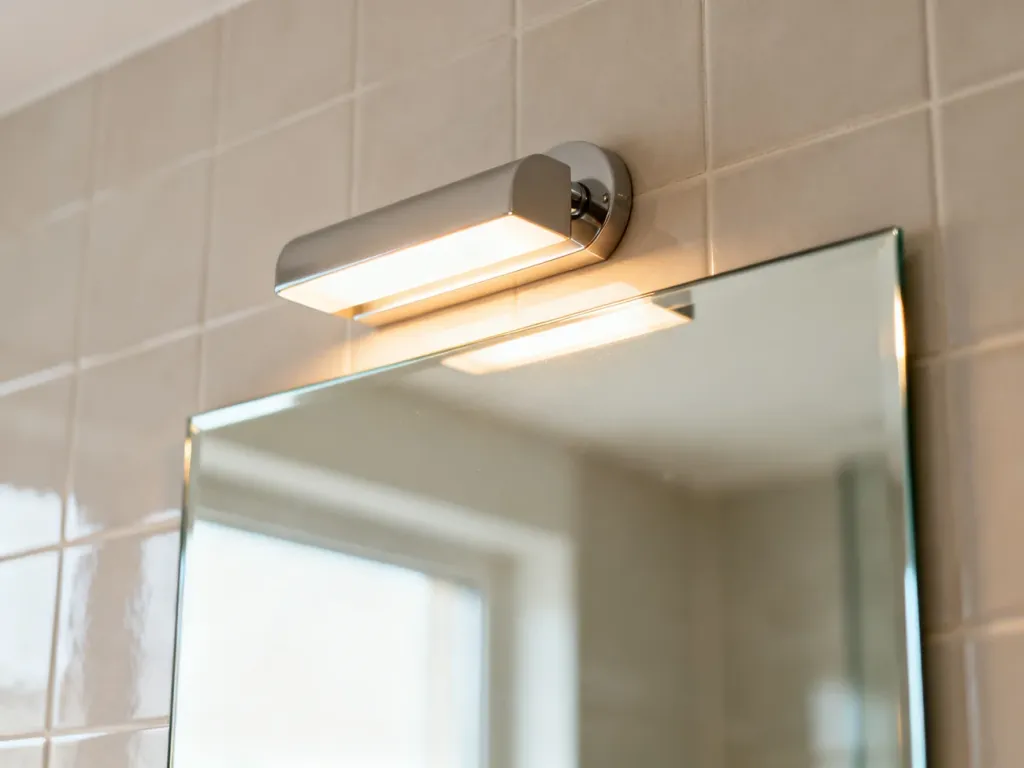 Nowoczesna lampa ścienna zamontowana nad minimalistycznym lustrem w łazience, emitująca ciepłe, nastrojowe światło.