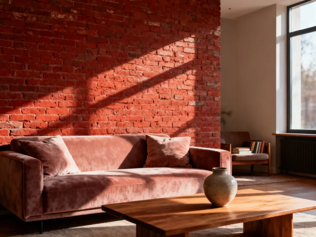 Nowoczesny salon z rustykalną ścianą z czerwonej cegły, minimalistyczną sofą i przytulnym kącikiem do czytania.