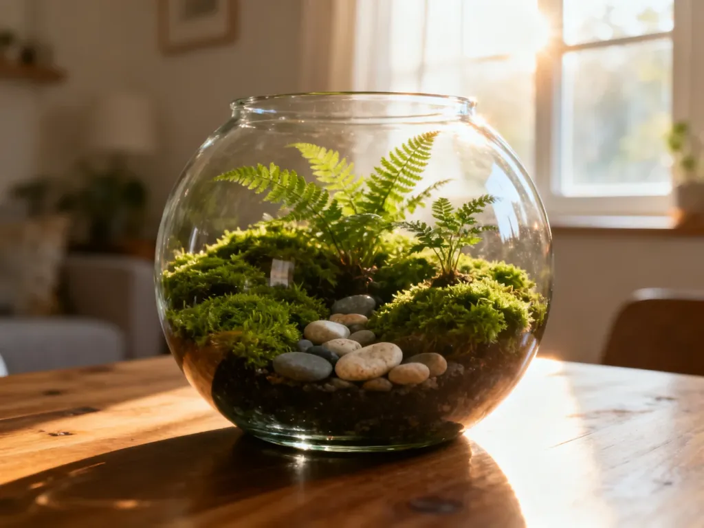 Eleganckie szklane terrarium z mchem i paprociami ustawione na drewnianym stole w promieniach porannego słońca.