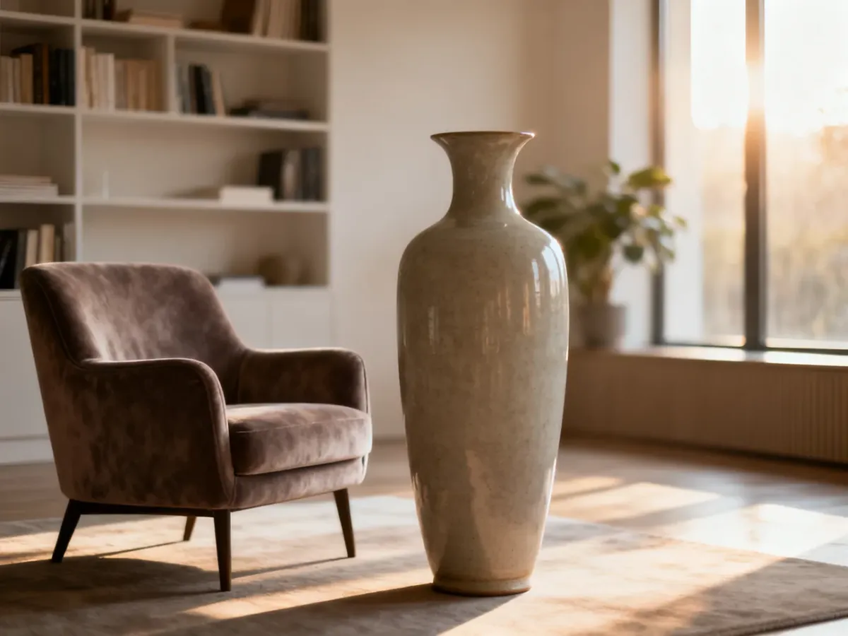Wysoki ceramiczny wazon stojący obok welurowego fotela w nowoczesnym salonie, prezentujący sposób na elegancką aranżację wnętrza.