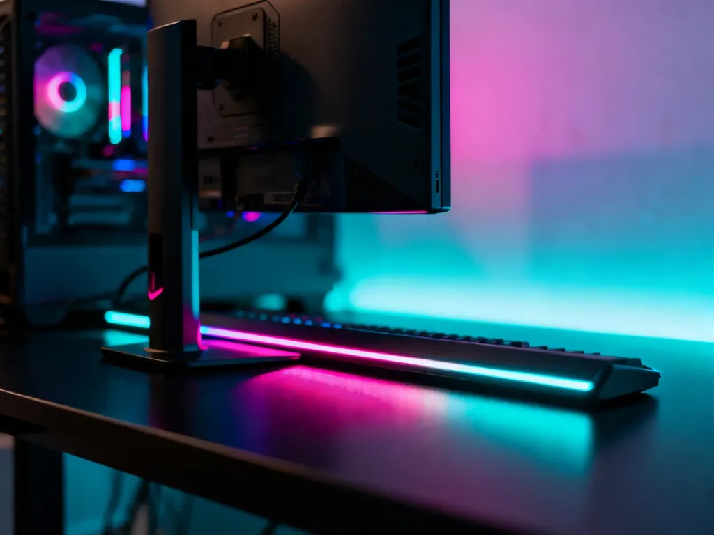 Nowoczesne stanowisko gamingowe z wielokolorowym podświetleniem LED RGB odbijającym się na ciemnym biurku.