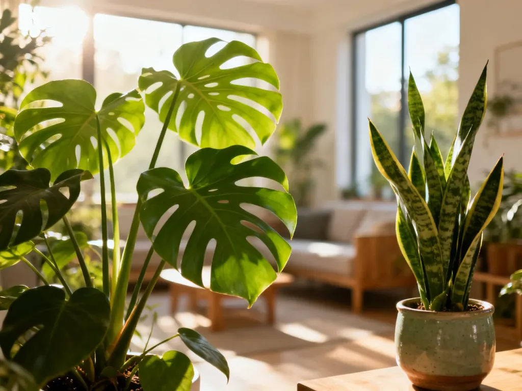 Monstera i wężownica w ceramicznych donicach w słonecznym, nowoczesnym salonie pełnym roślin doniczkowych.