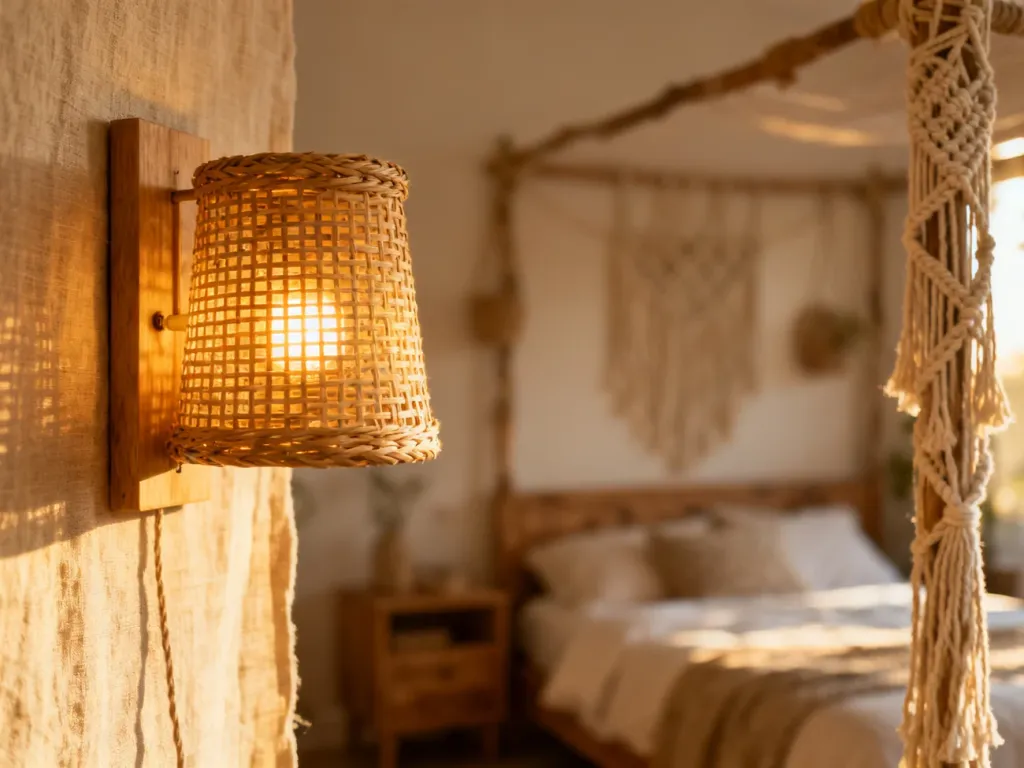 Rattanowy kinkiet w stylu boho emitujący ciepłe światło na tle beżowej ściany w przytulnej sypialni.