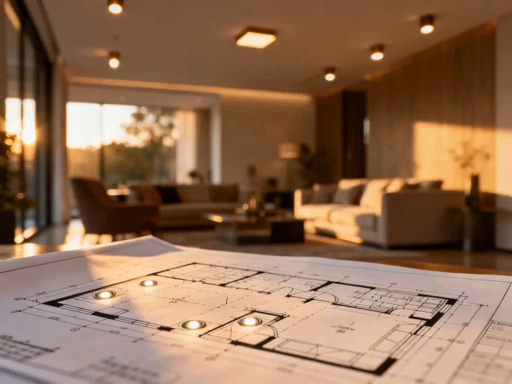 Projekt instalacji oświetlenia halogenowego na planie architektonicznym salonu z przytulnym wnętrzem w tle.