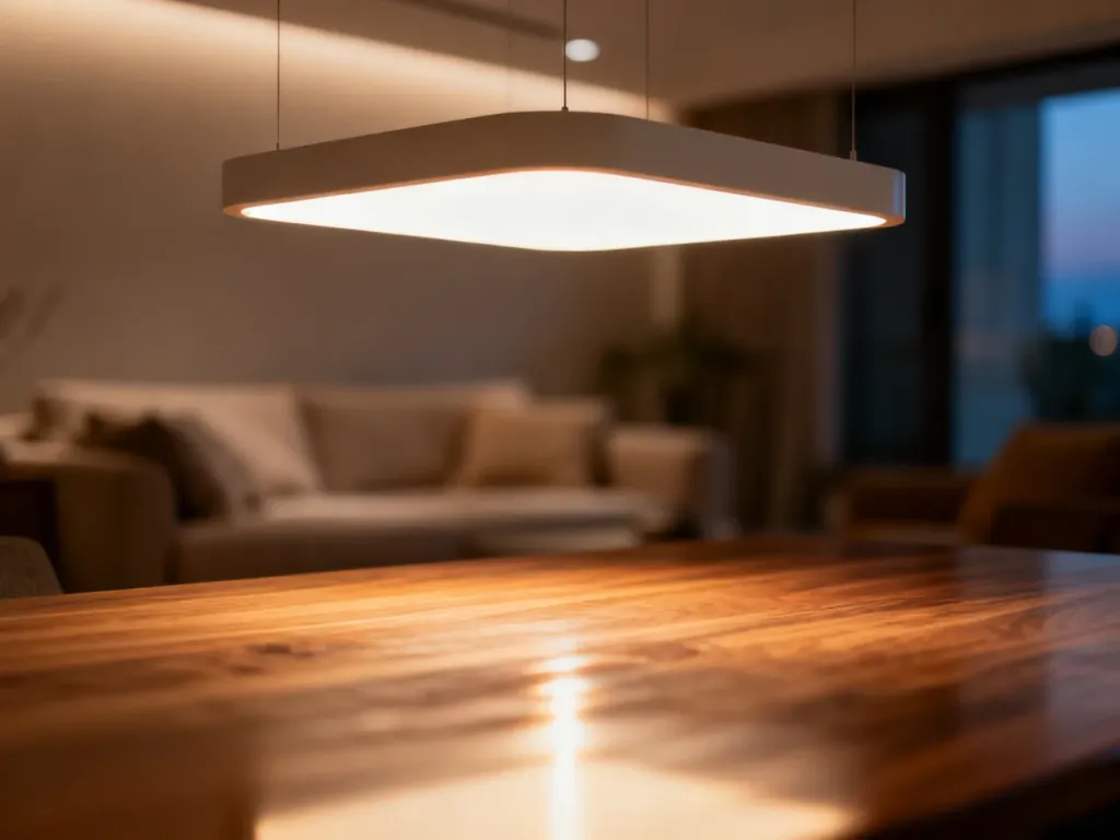 Nowoczesna lampa sufitowa LED emitująca ciepłe światło w przytulnym salonie.