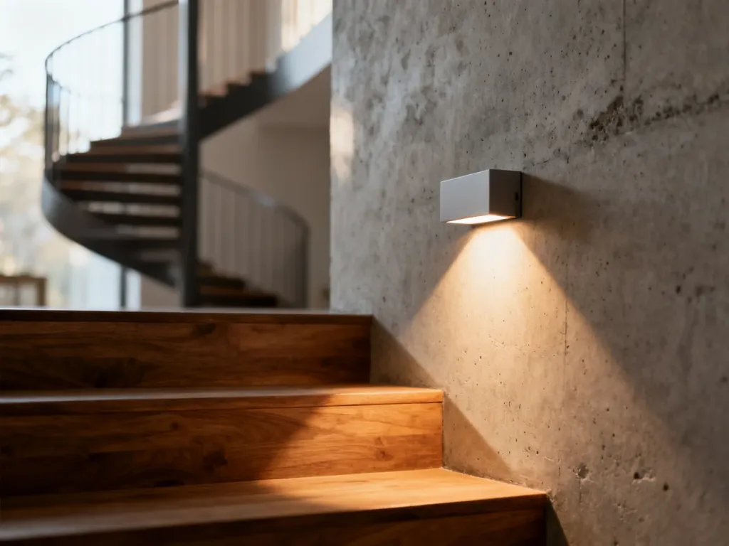 Minimalistyczna lampa LED zamontowana nisko na betonowej ścianie, oświetlająca drewniane stopnie schodów.