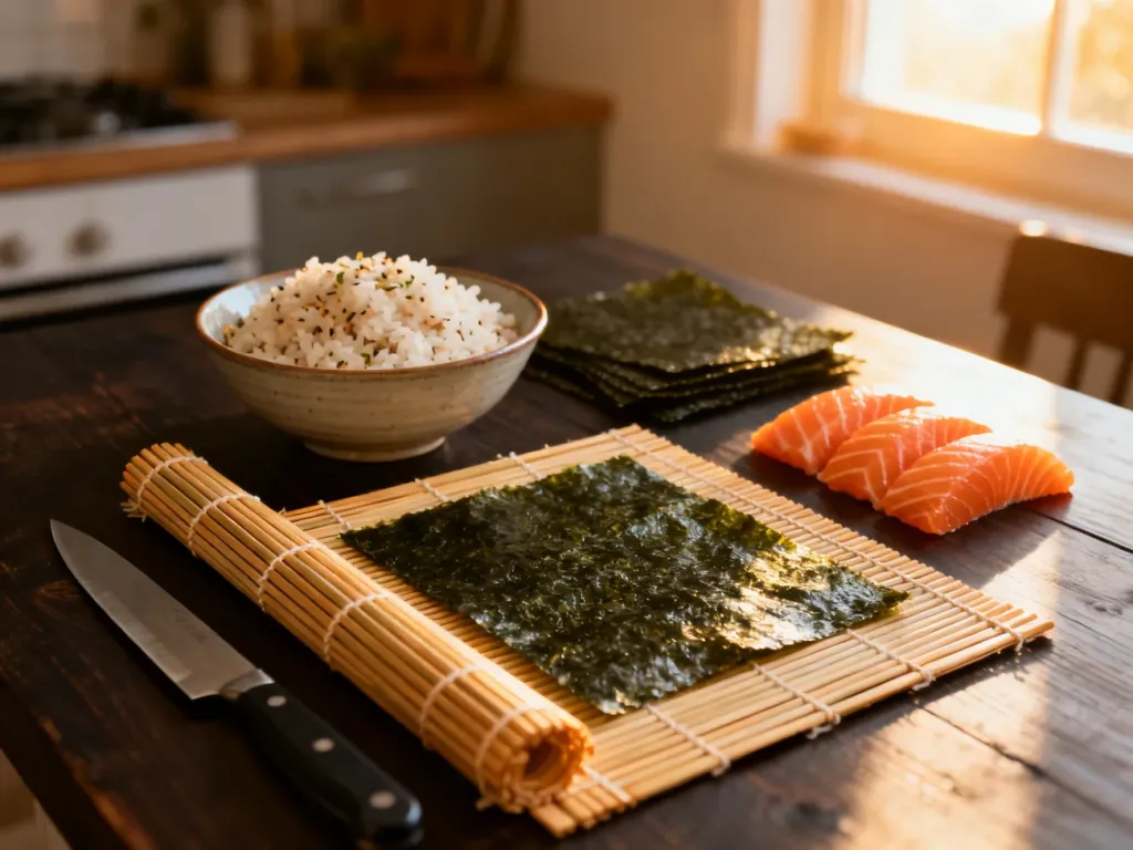 Składniki do przygotowania sushi, w tym ryż, nori i świeży łosoś, estetycznie ułożone na drewnianym stole wraz z matą bambusową.
