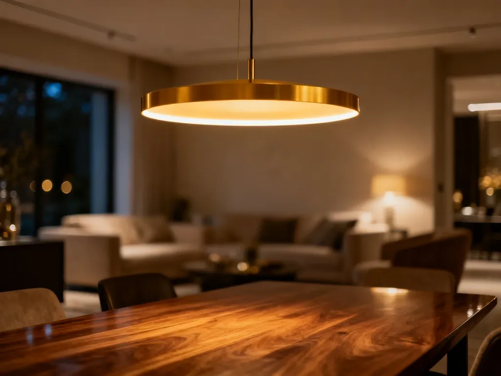 Nowoczesna lampa wisząca LED emitująca ciepłe światło nad drewnianym stołem w przytulnym, minimalistycznym wnętrzu.