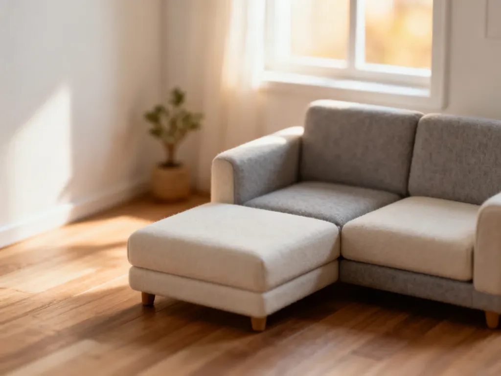 Stylowa sofa modułowa w jasnym, minimalistycznym salonie, idealnie dopasowana do niewielkiej przestrzeni.