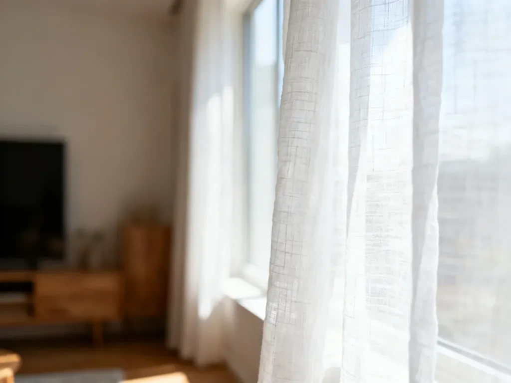 Białe, bawełniane zasłony w słonecznym salonie, podkreślające naturalną fakturę materiału i przytulny wystrój wnętrza.